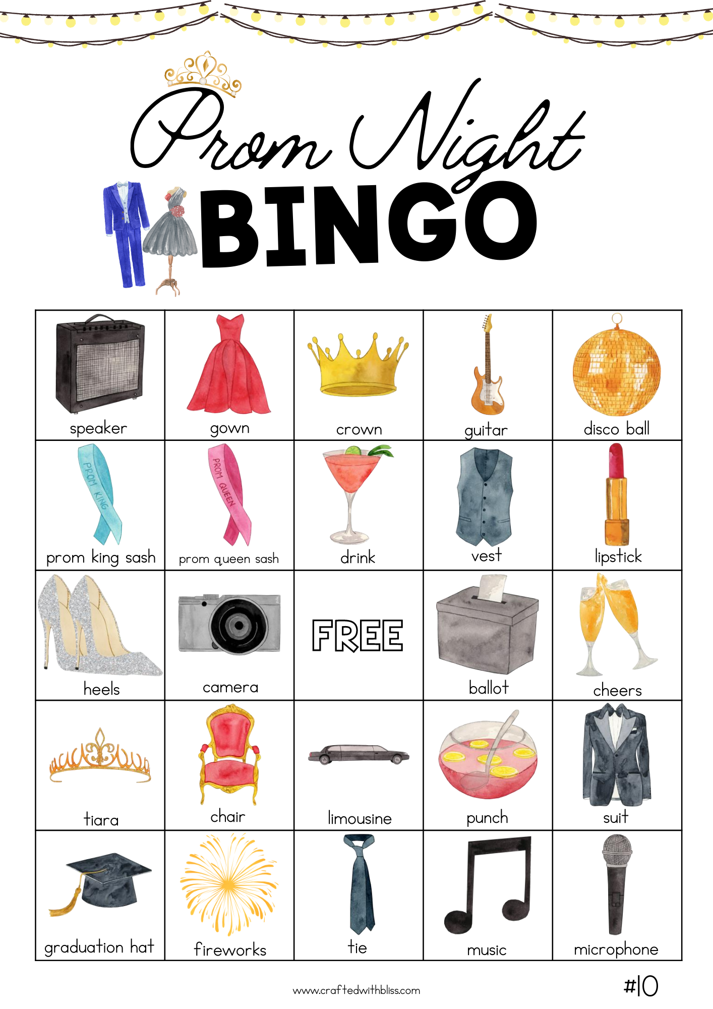 50 Prom Night Party Bingo Cards (5x5)