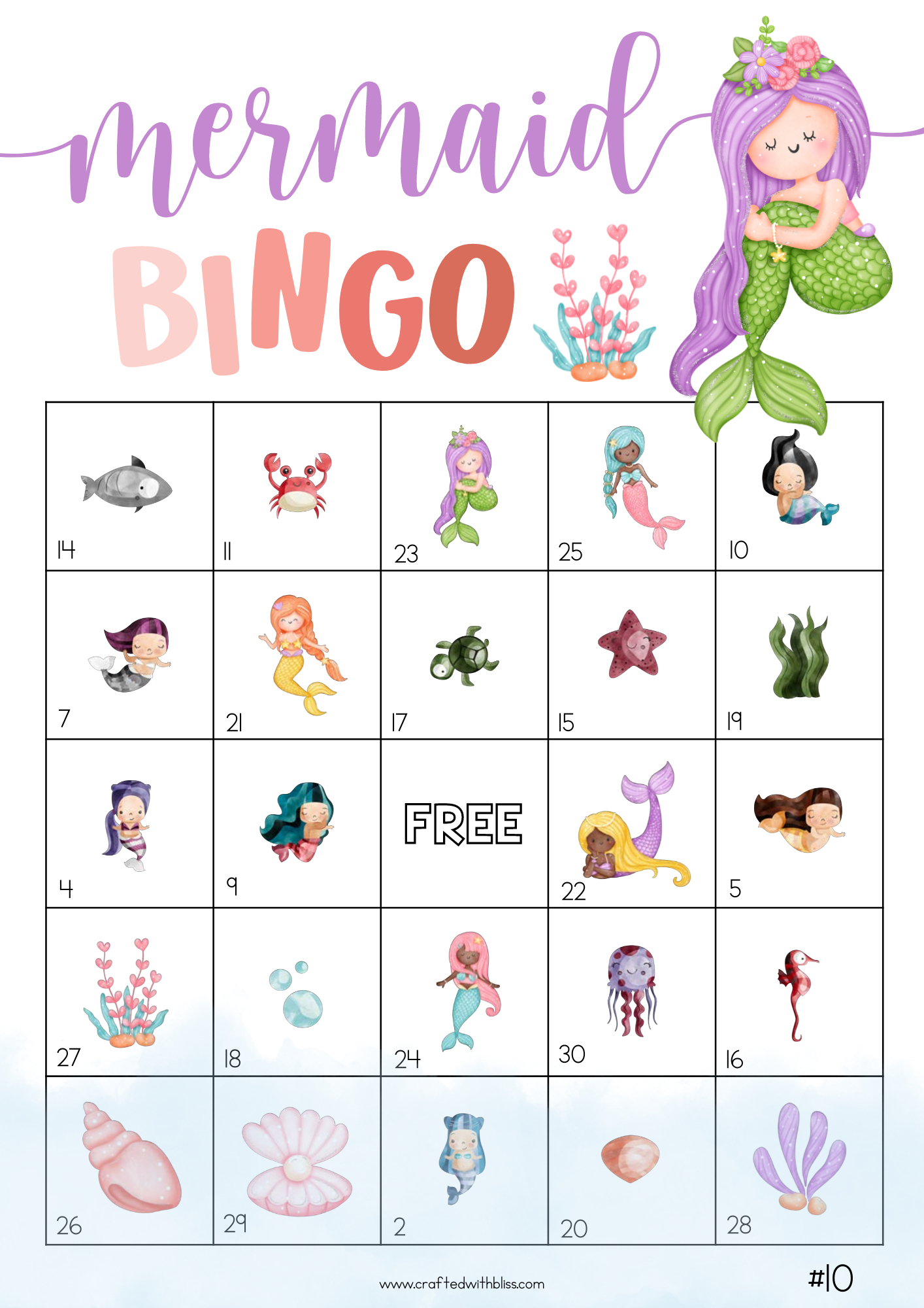 50 Mermaid Bingo Cards (5x5)