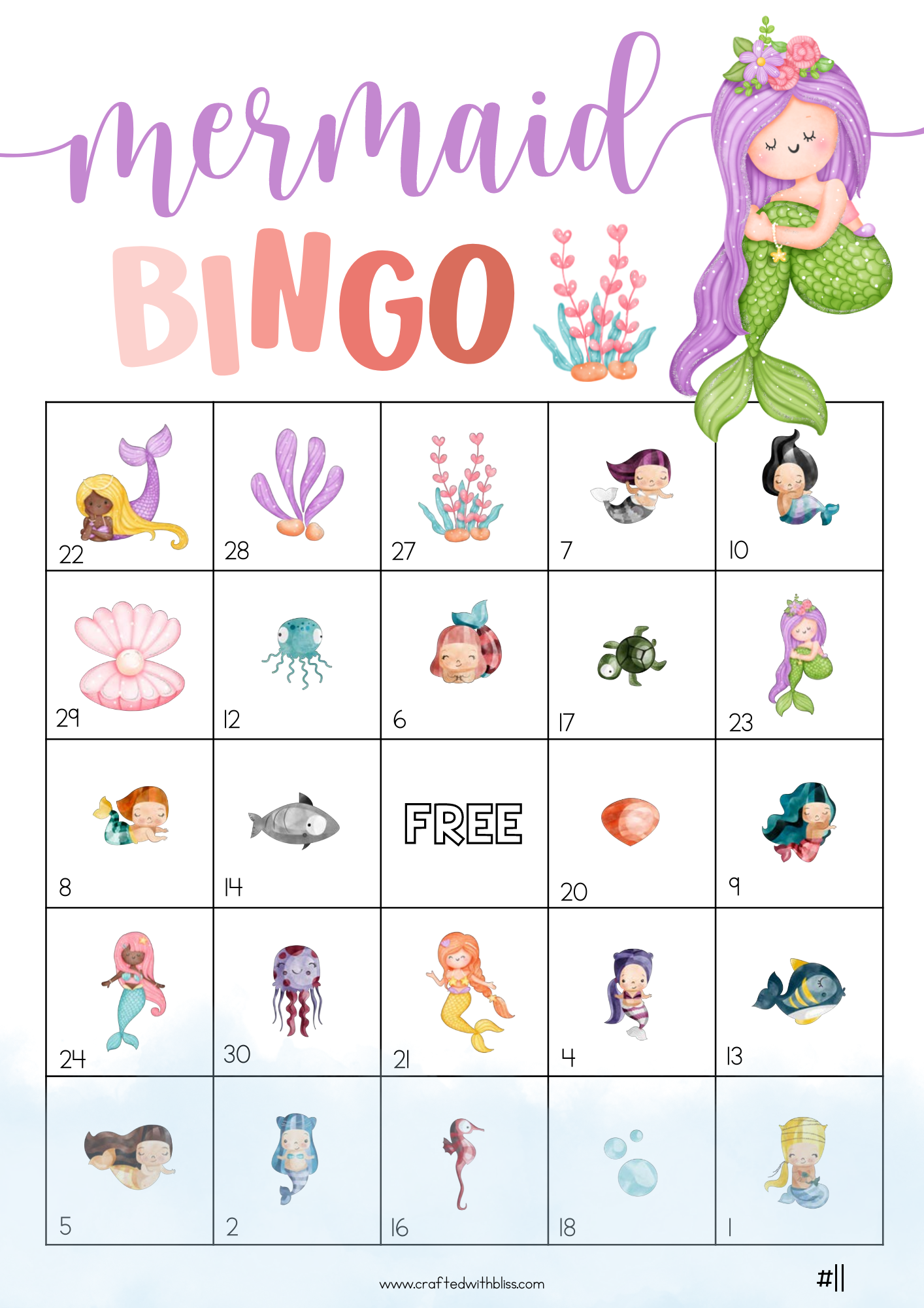 50 Mermaid Bingo Cards (5x5)
