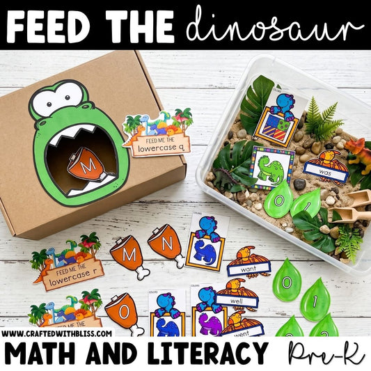 Feed the Dinosaur Theme Sensory Bin Literacy and Math Center