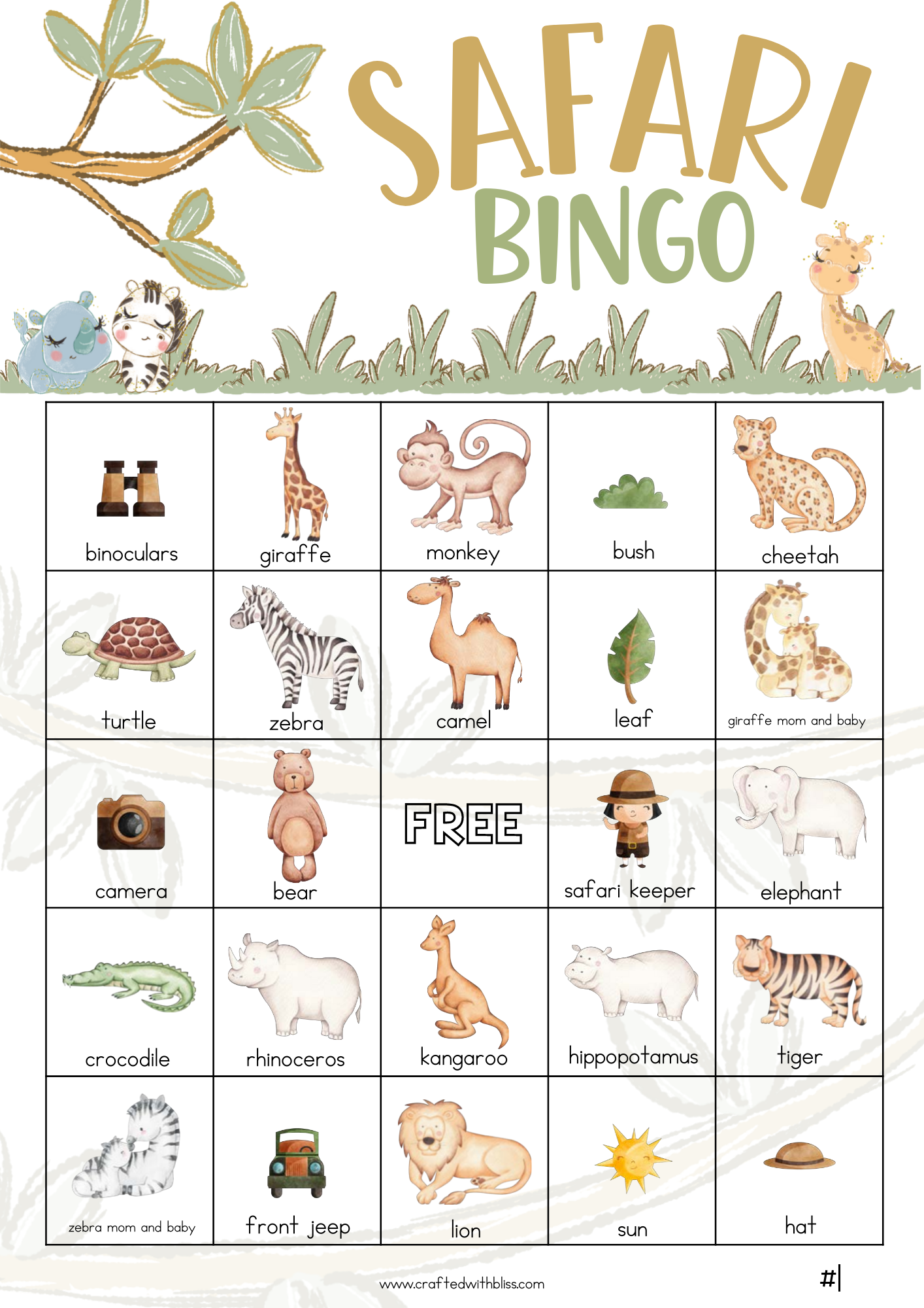 50 Safari Theme Bingo Cards (5x5)