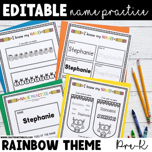 Editable Name Practice Printable Rainbow Theme PreK Writing Center Life Skill