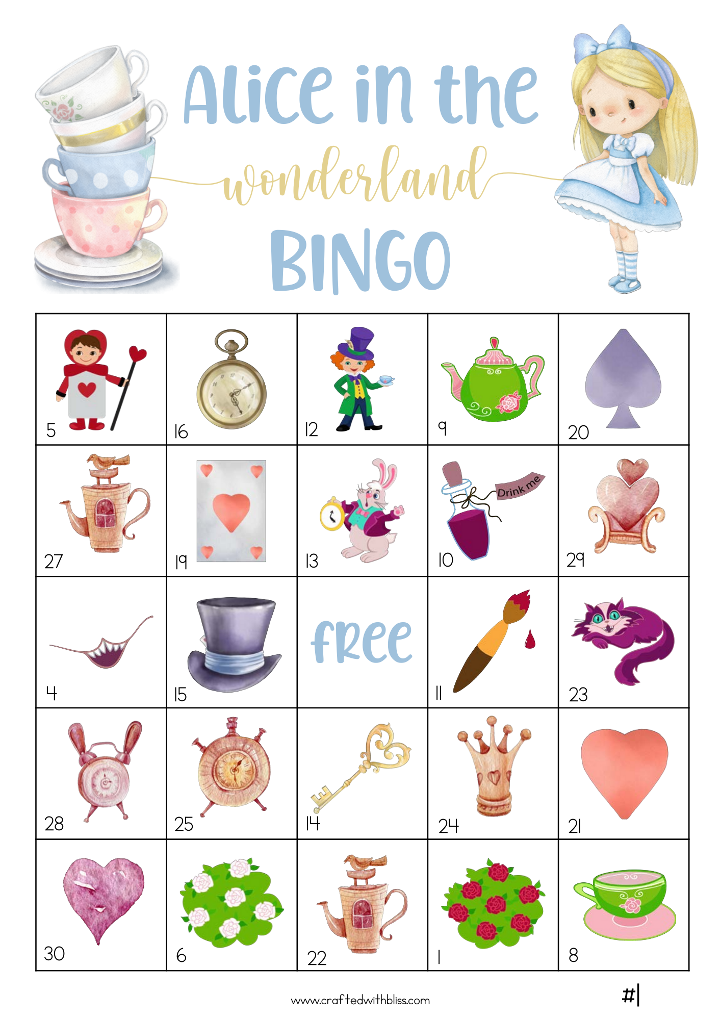 50 Alice in the Wonderland Bingo Cards (5x5)