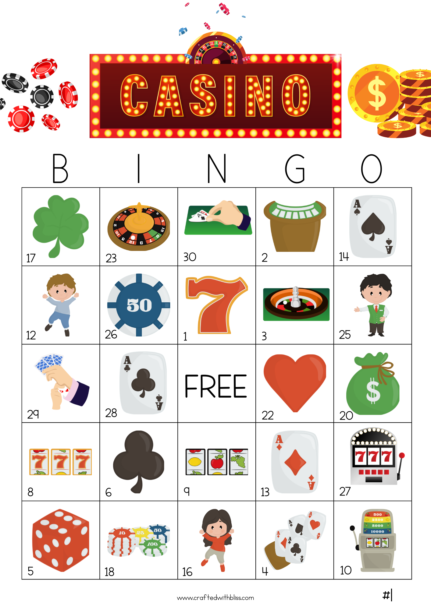 50 Casino Theme Bingo Cards (5x5)