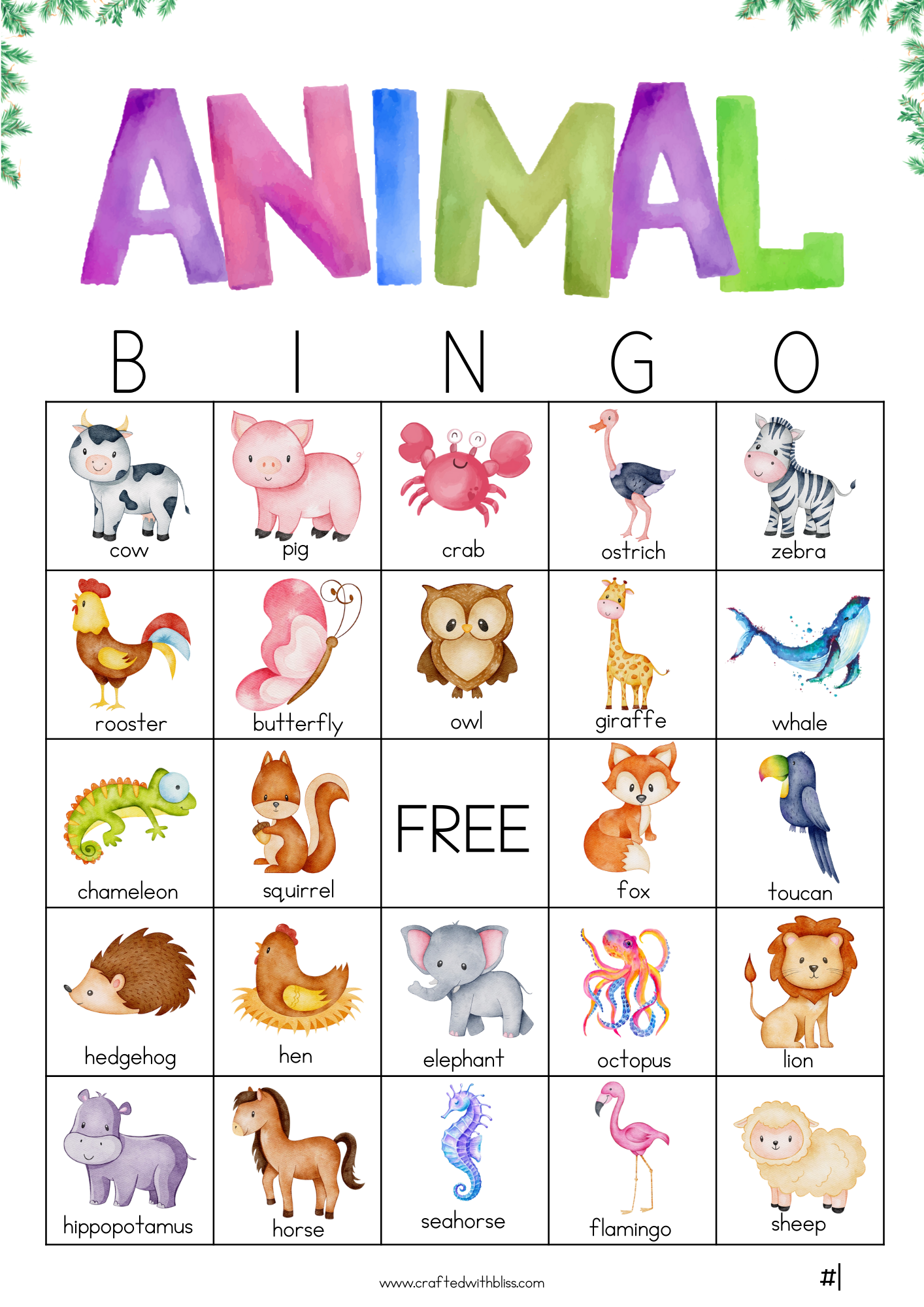 50 Watercolor Animal Bingo Cards (5x5)
