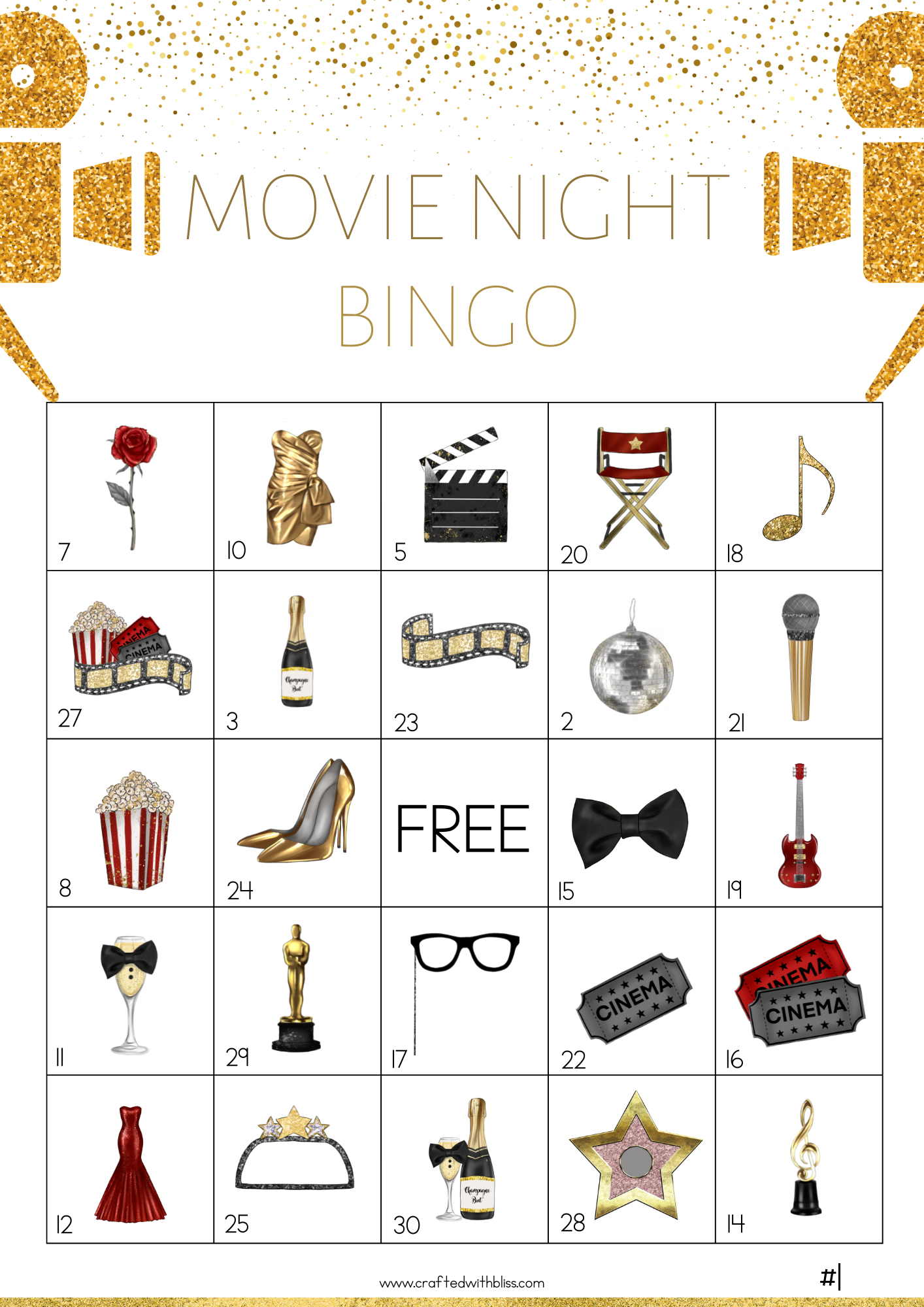 50 Movie Night Bingo Cards (5x5)