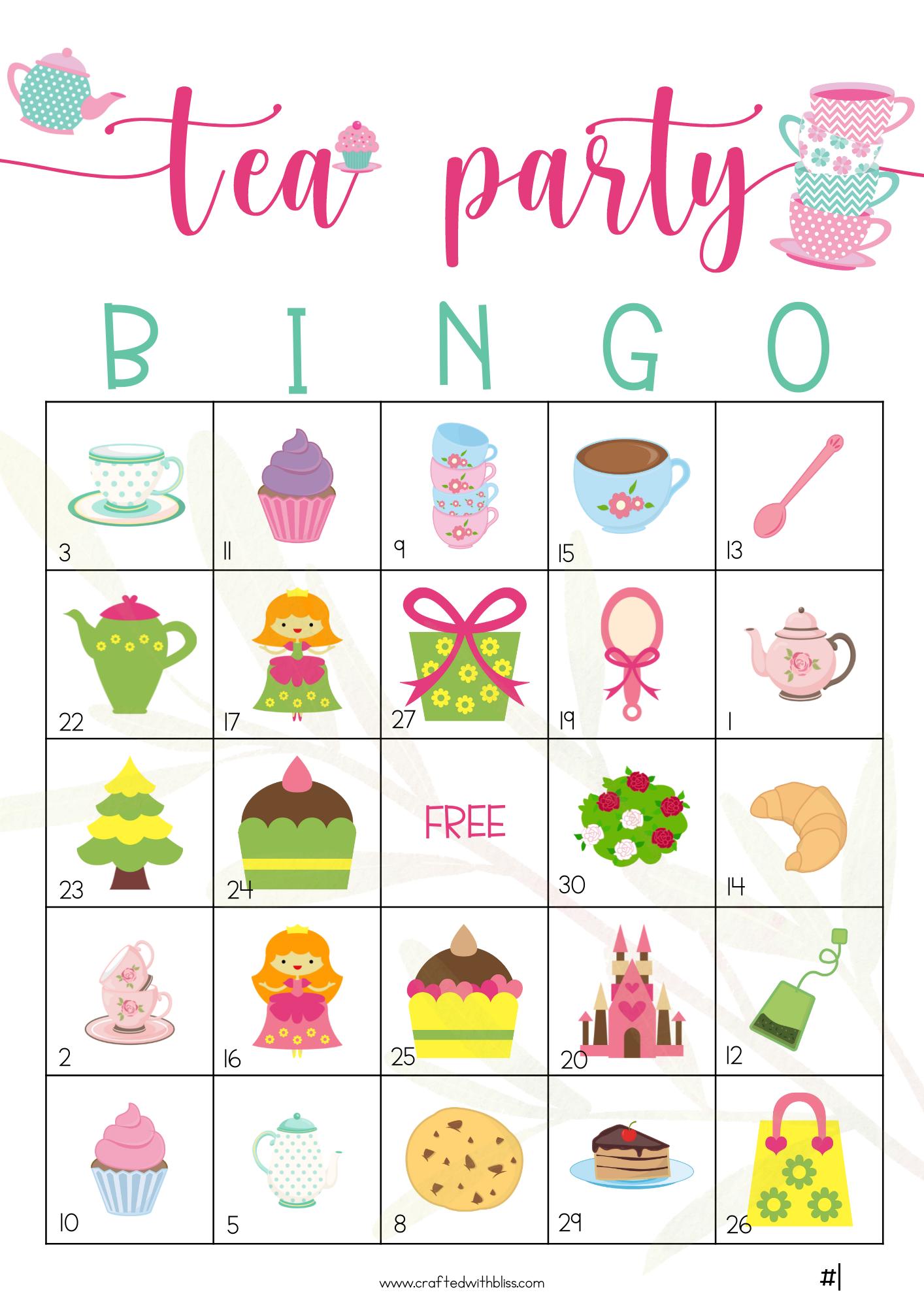 50 Tea Party Bingo Cards (5x5)