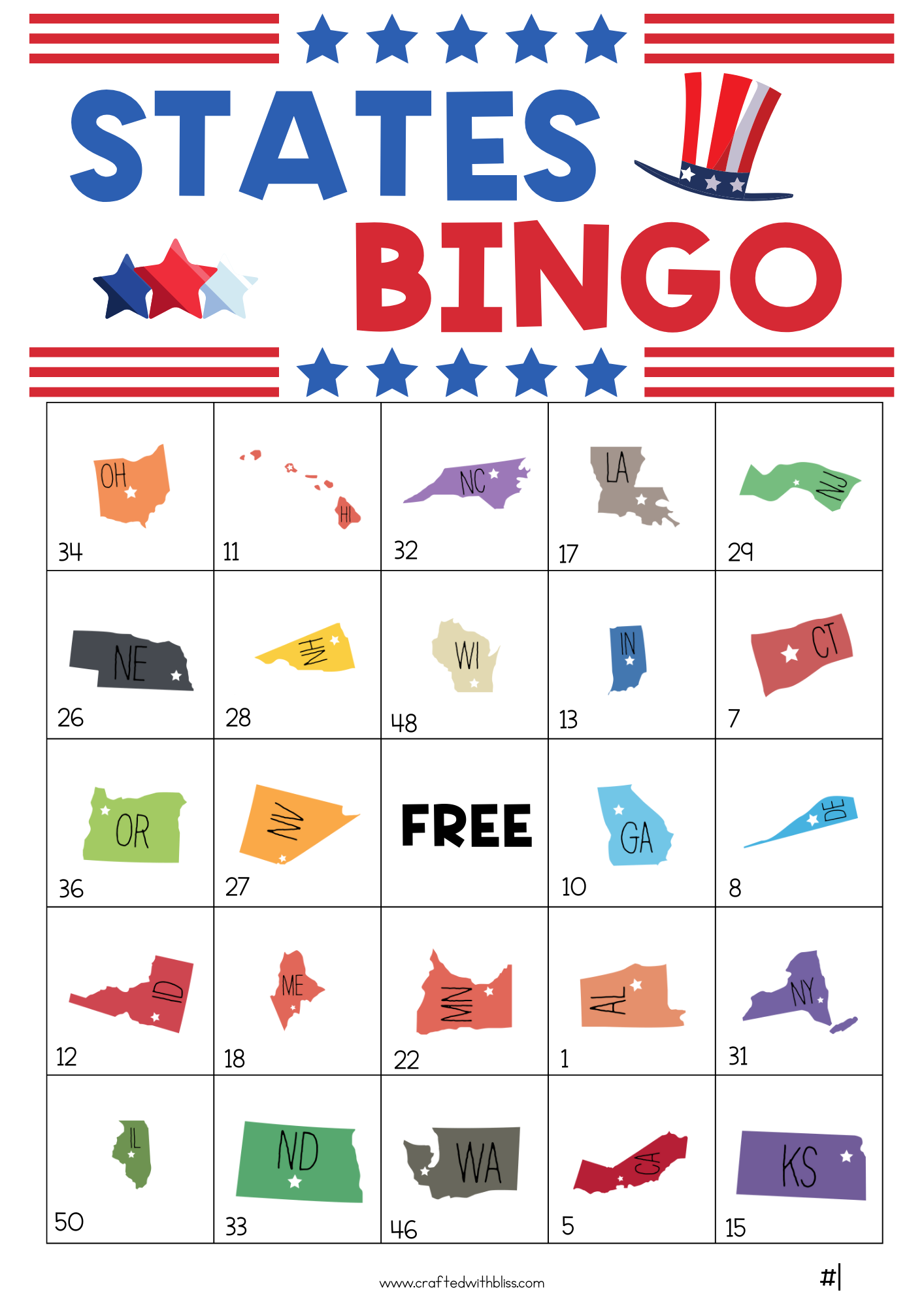 50 States Bingo Cards (5x5) 4th Of July Activity