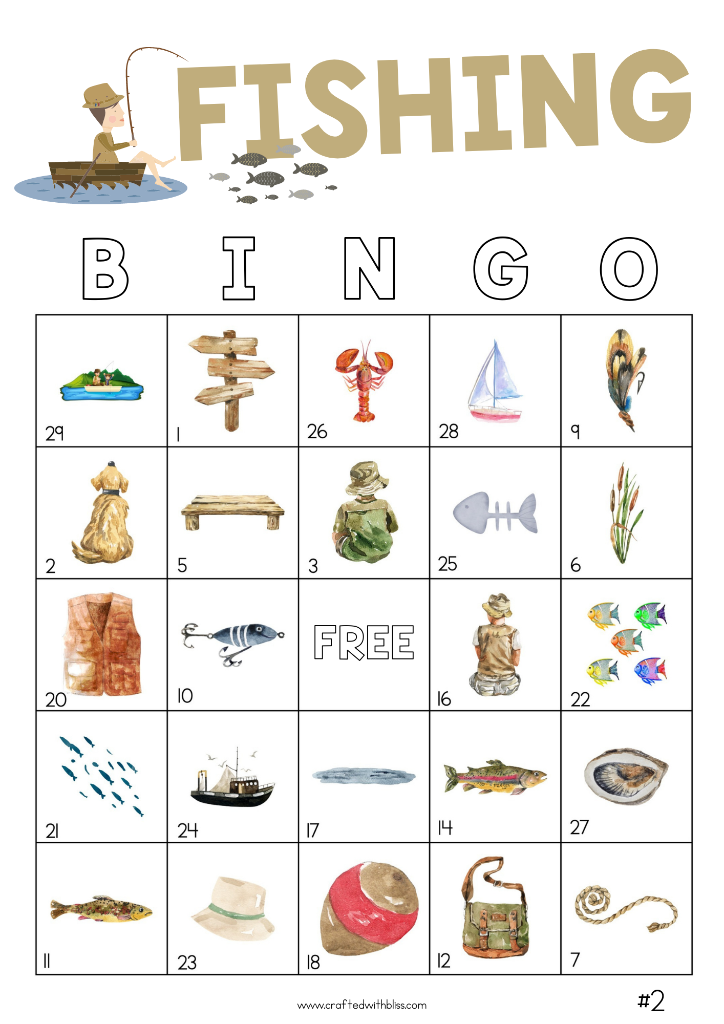 50 Fishing Bingo Cards (5x5)
