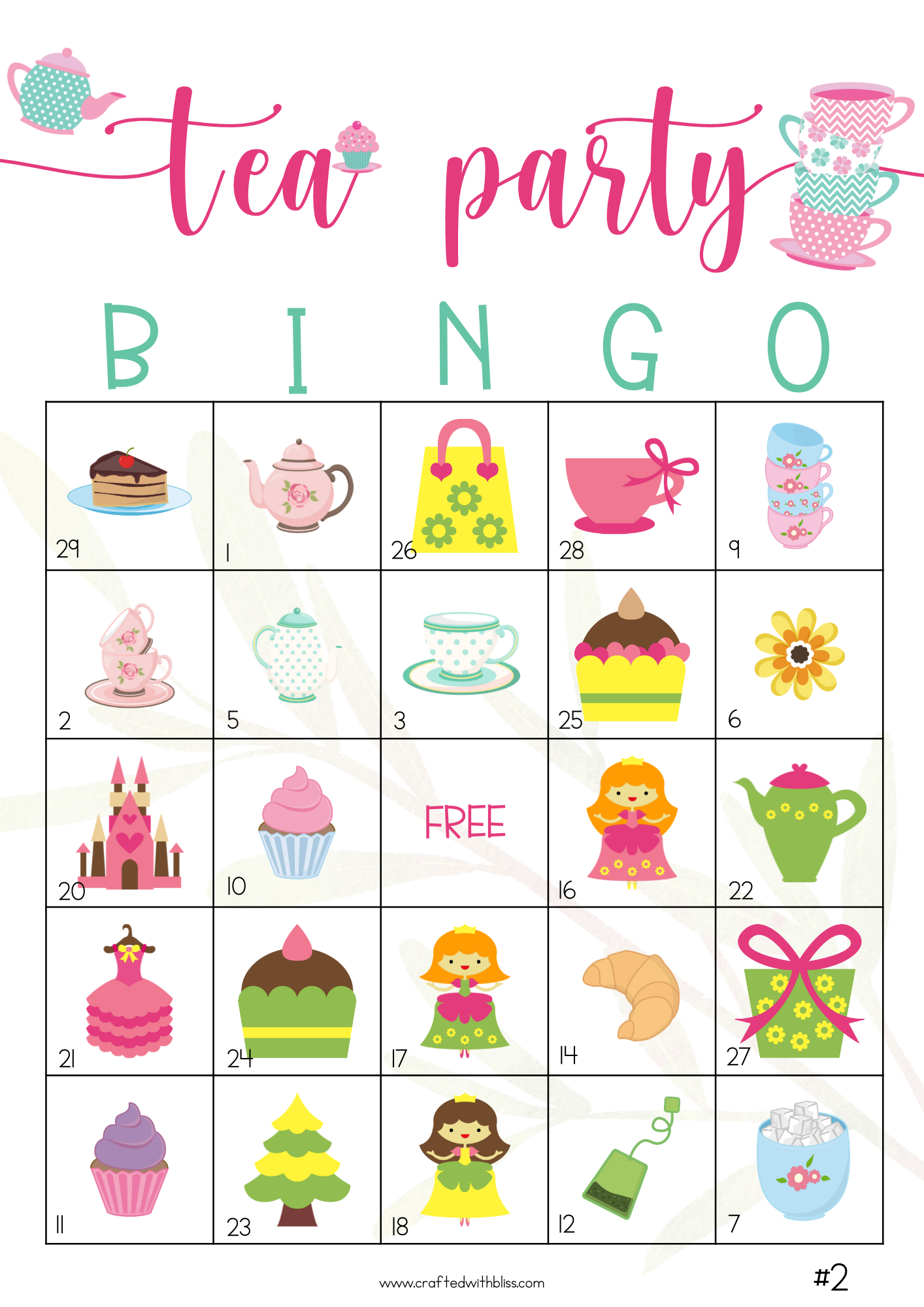50 Tea Party Bingo Cards (5x5)