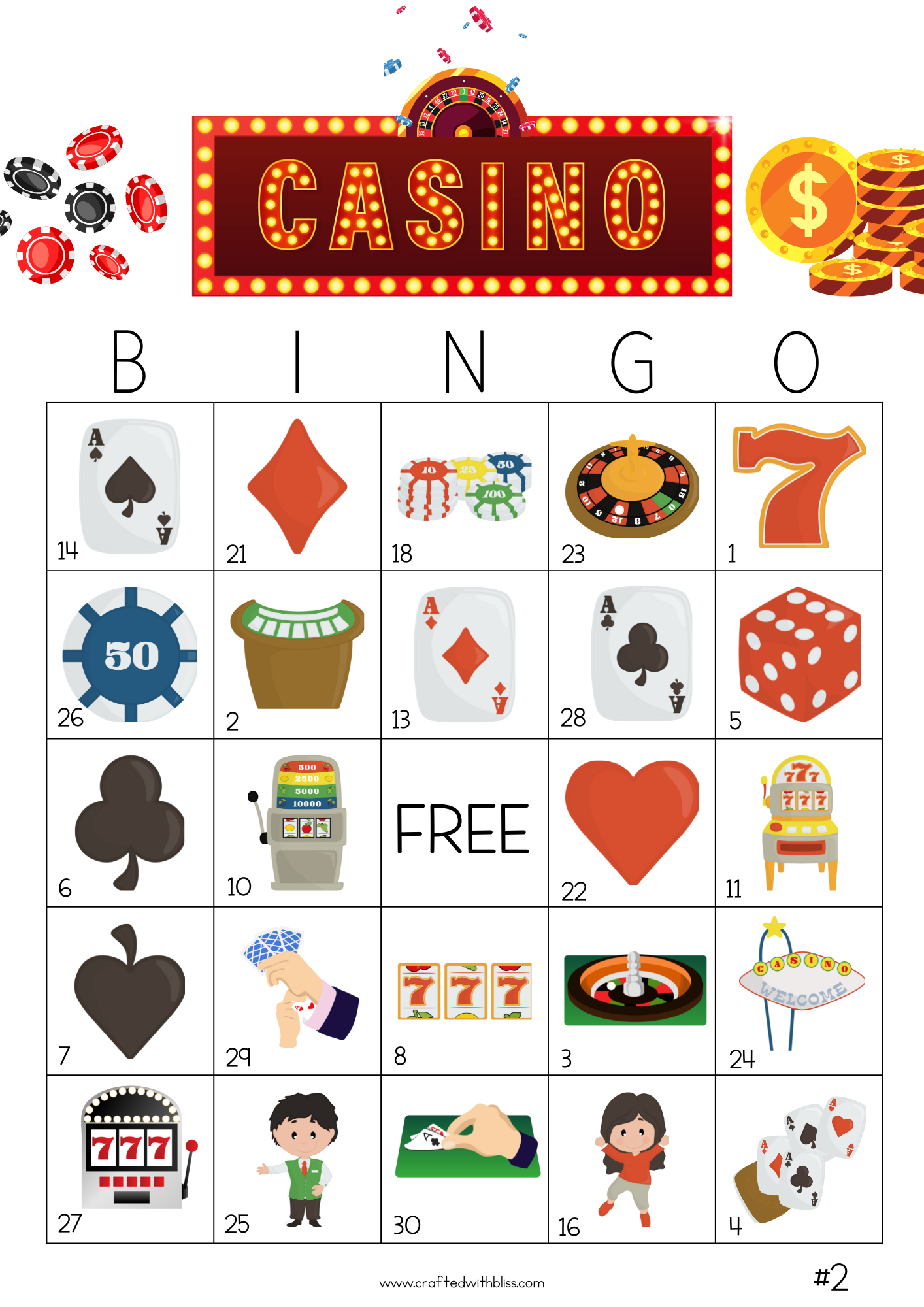 50 Casino Theme Bingo Cards (5x5)