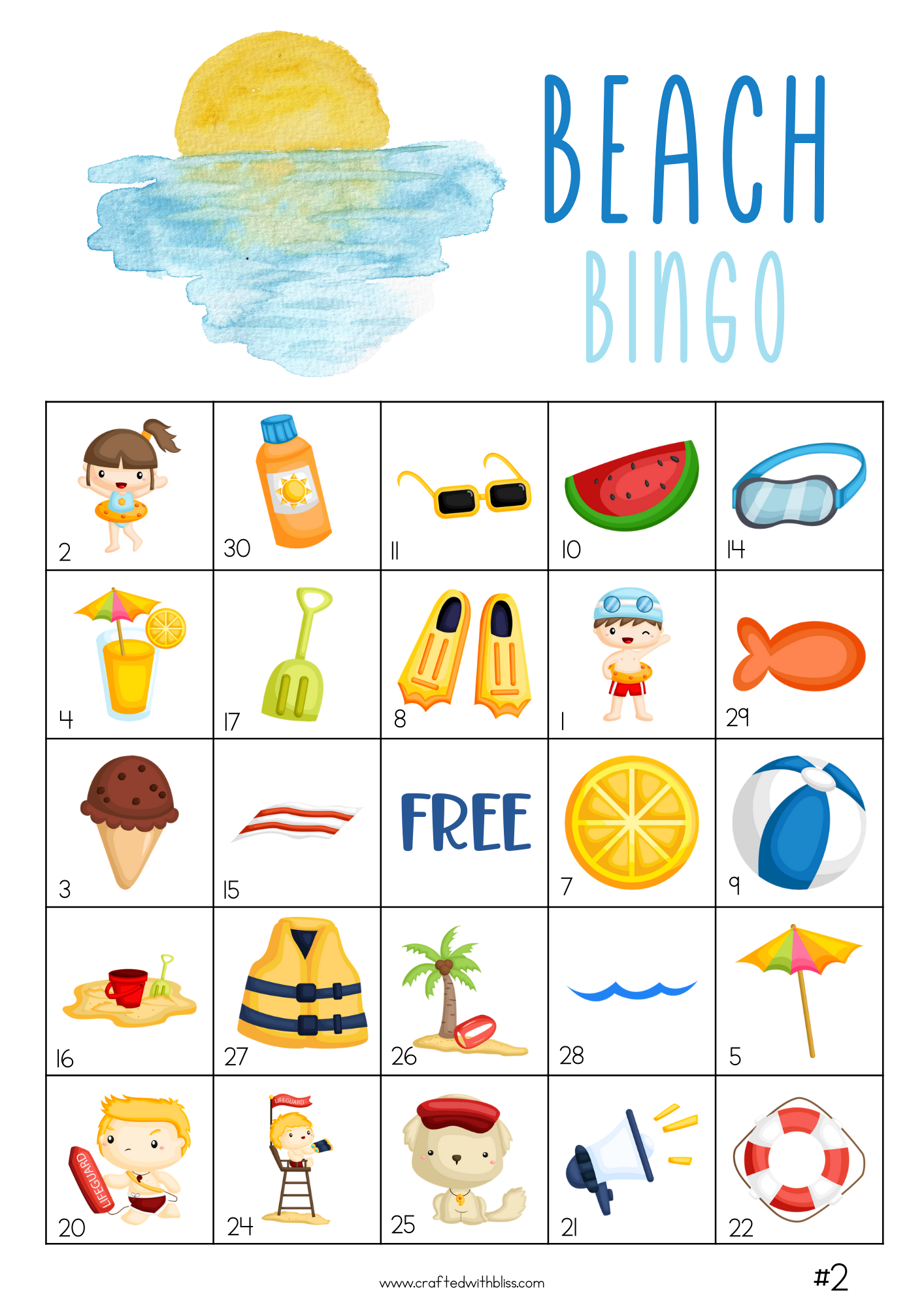 50 Beach Bingo Cards (5x5)