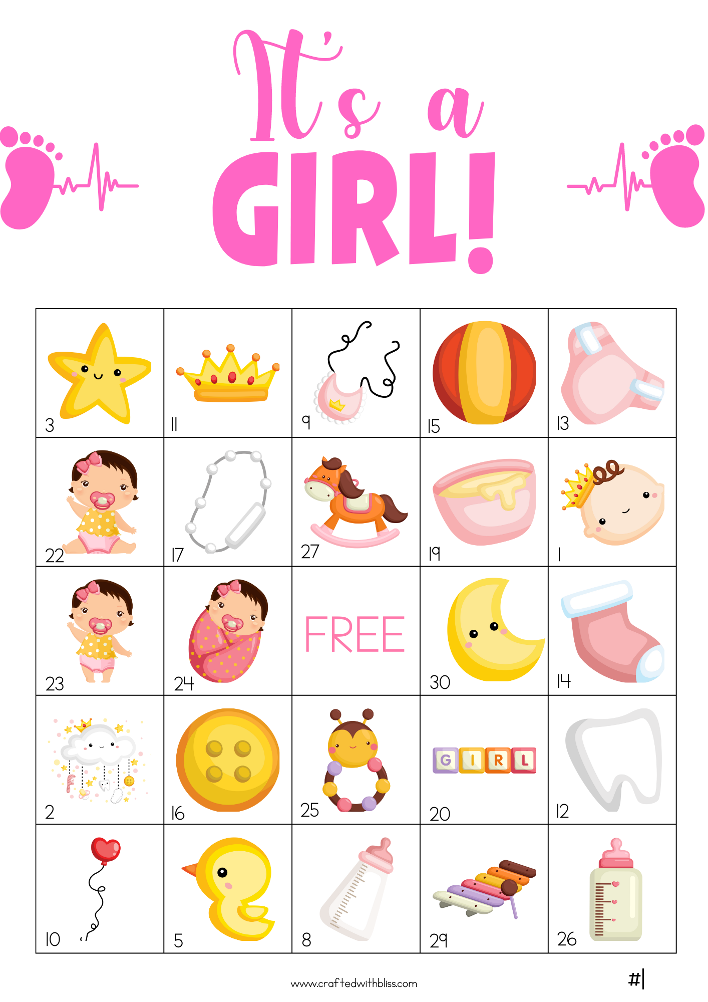 50 It's A Girl Bingo Cards (5x5)