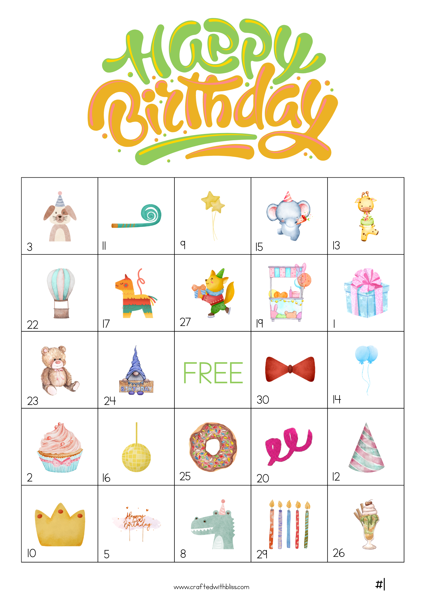 50 Watercolor Birthday Theme Bingo Cards (5x5)