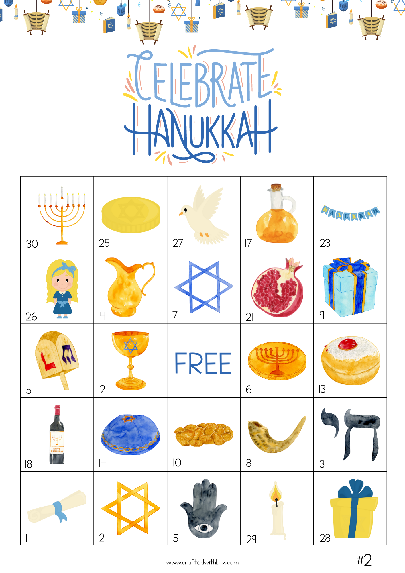 50 Hanukkah Bingo Cards (5x5)