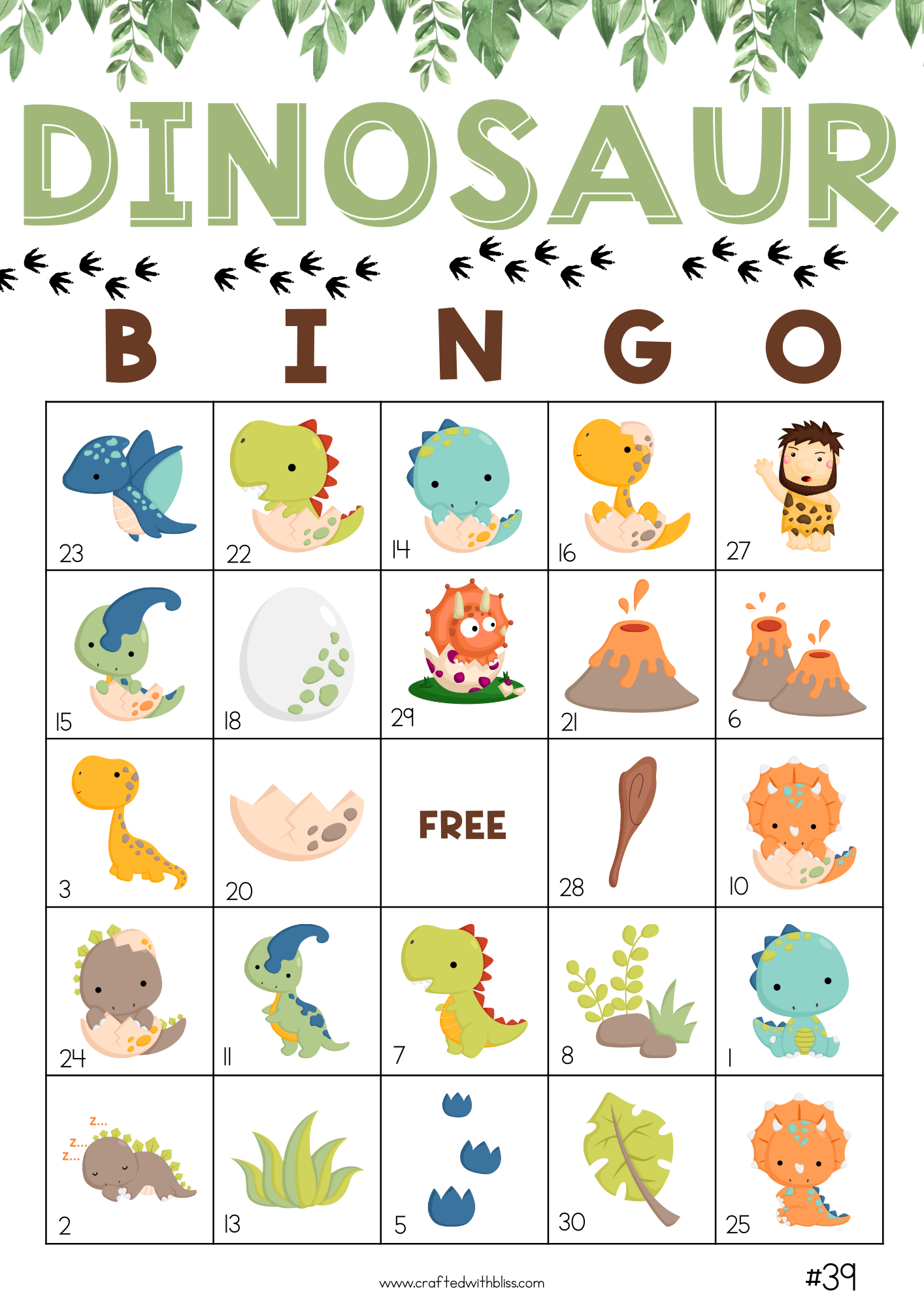 50 Dinosaur Bingo Cards (5x5)
