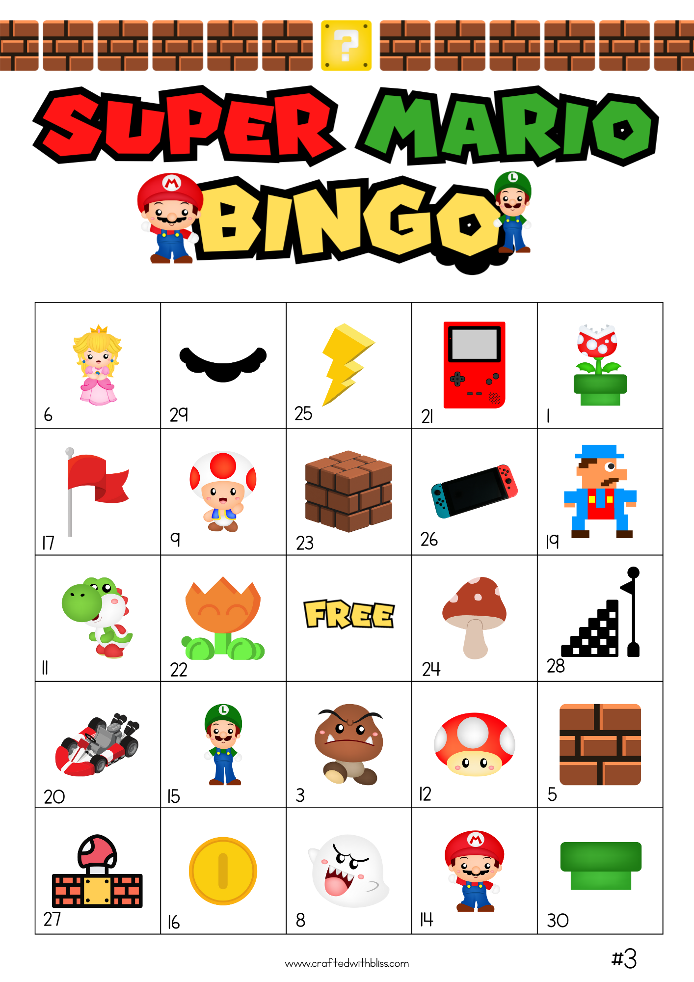 50 Super Mario Bingo Cards (5x5)