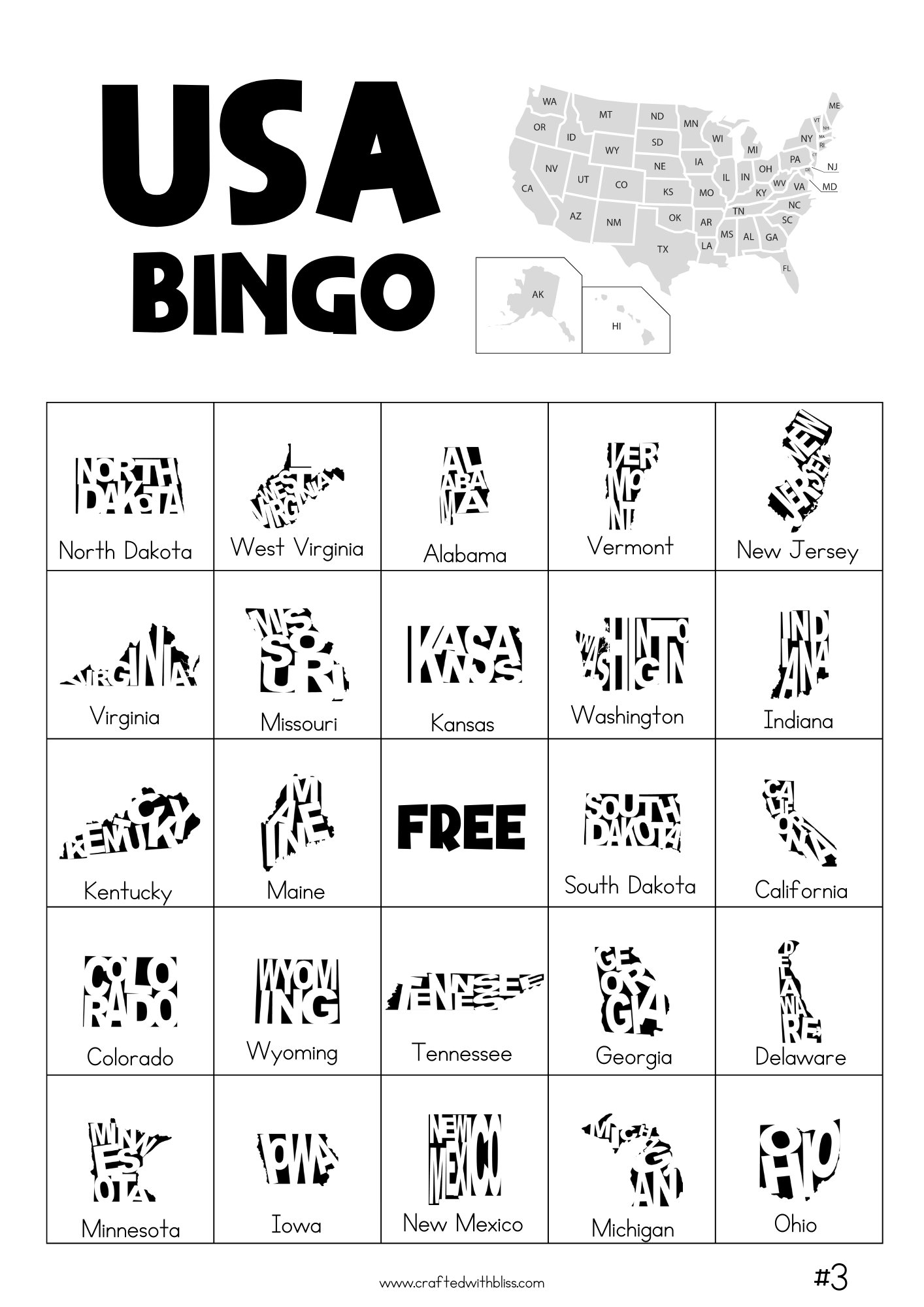 50 USA States Bingo Cards (5x5)