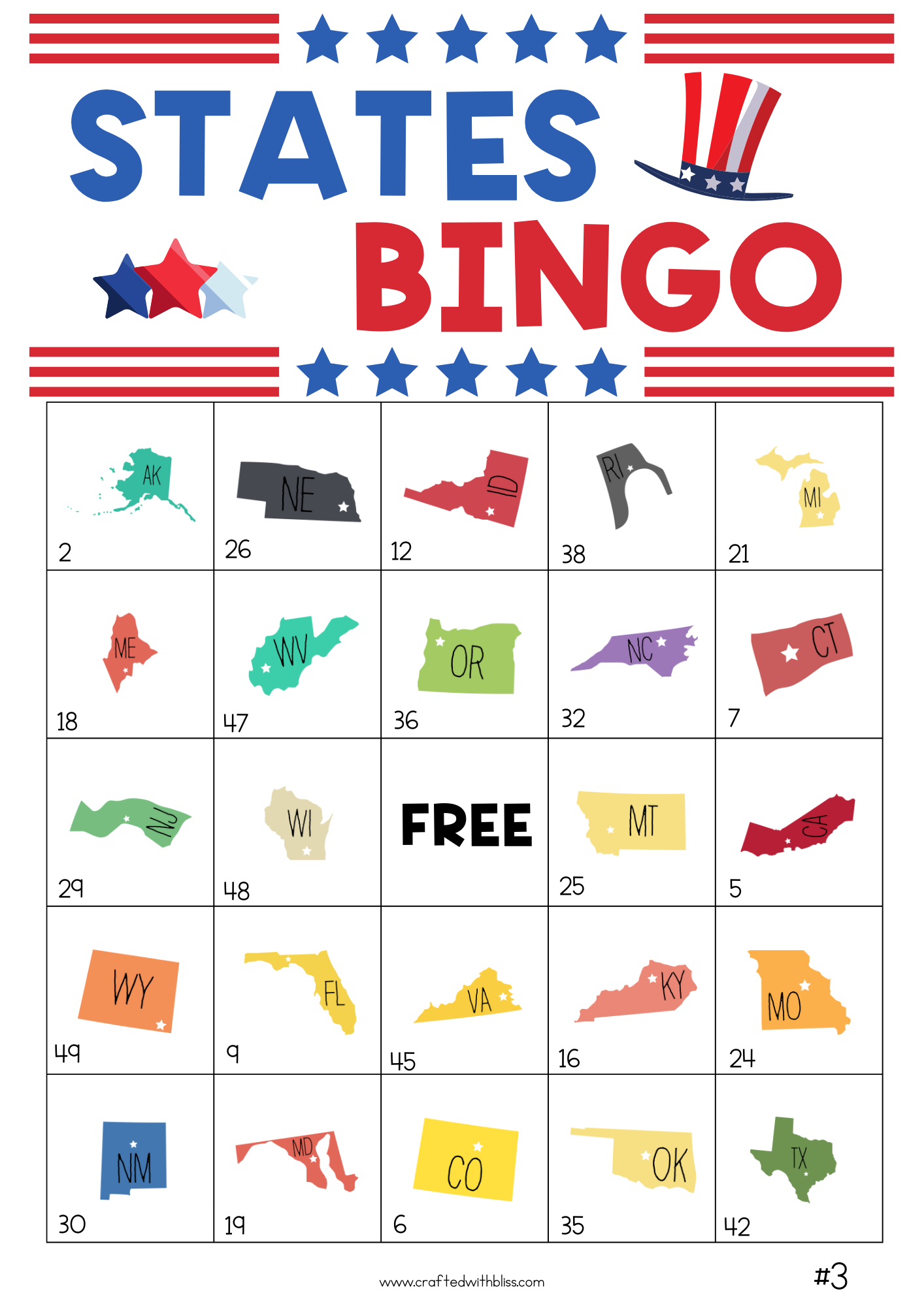 50 States Bingo Cards (5x5) 4th Of July Activity