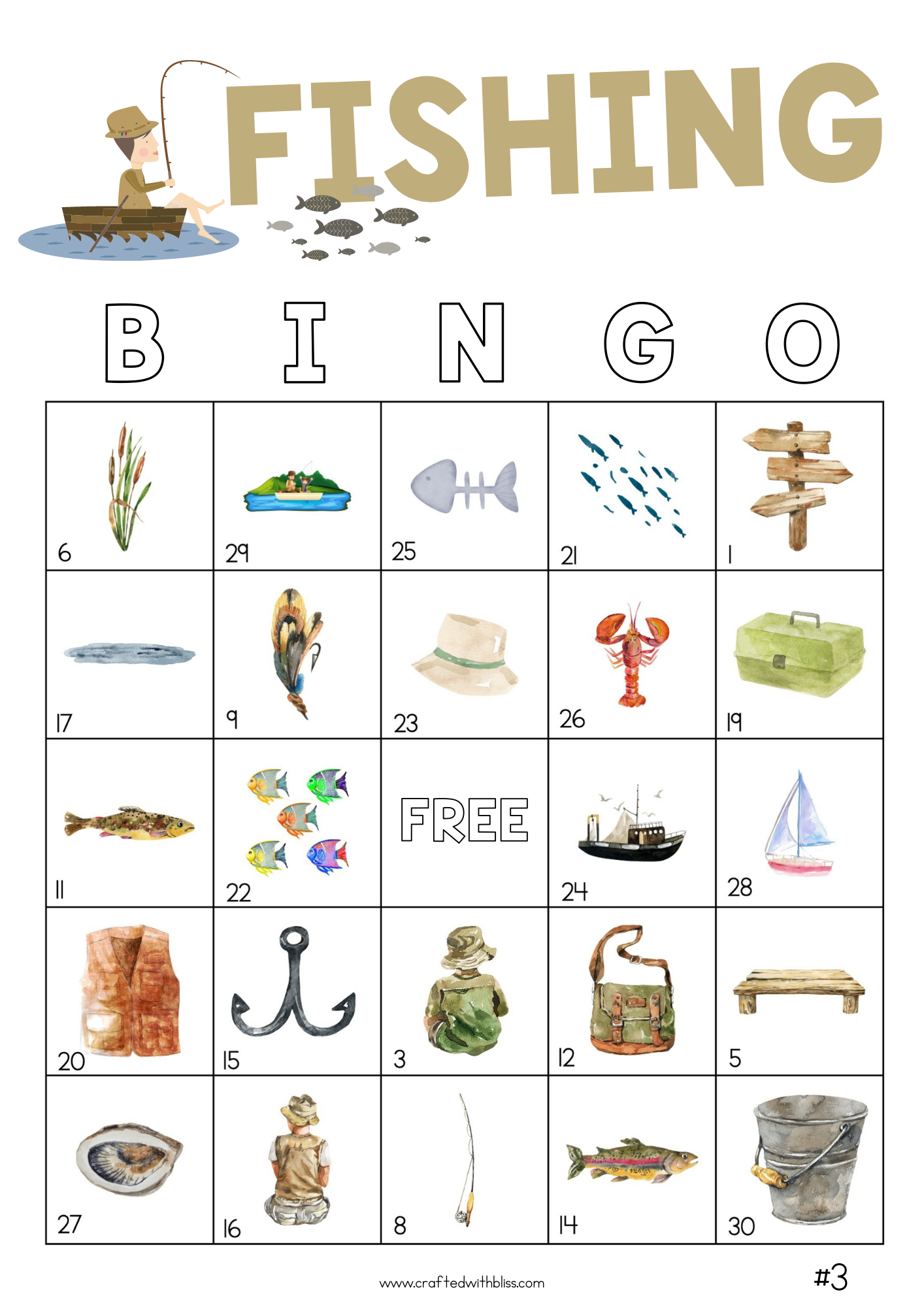 50 Fishing Bingo Cards (5x5)
