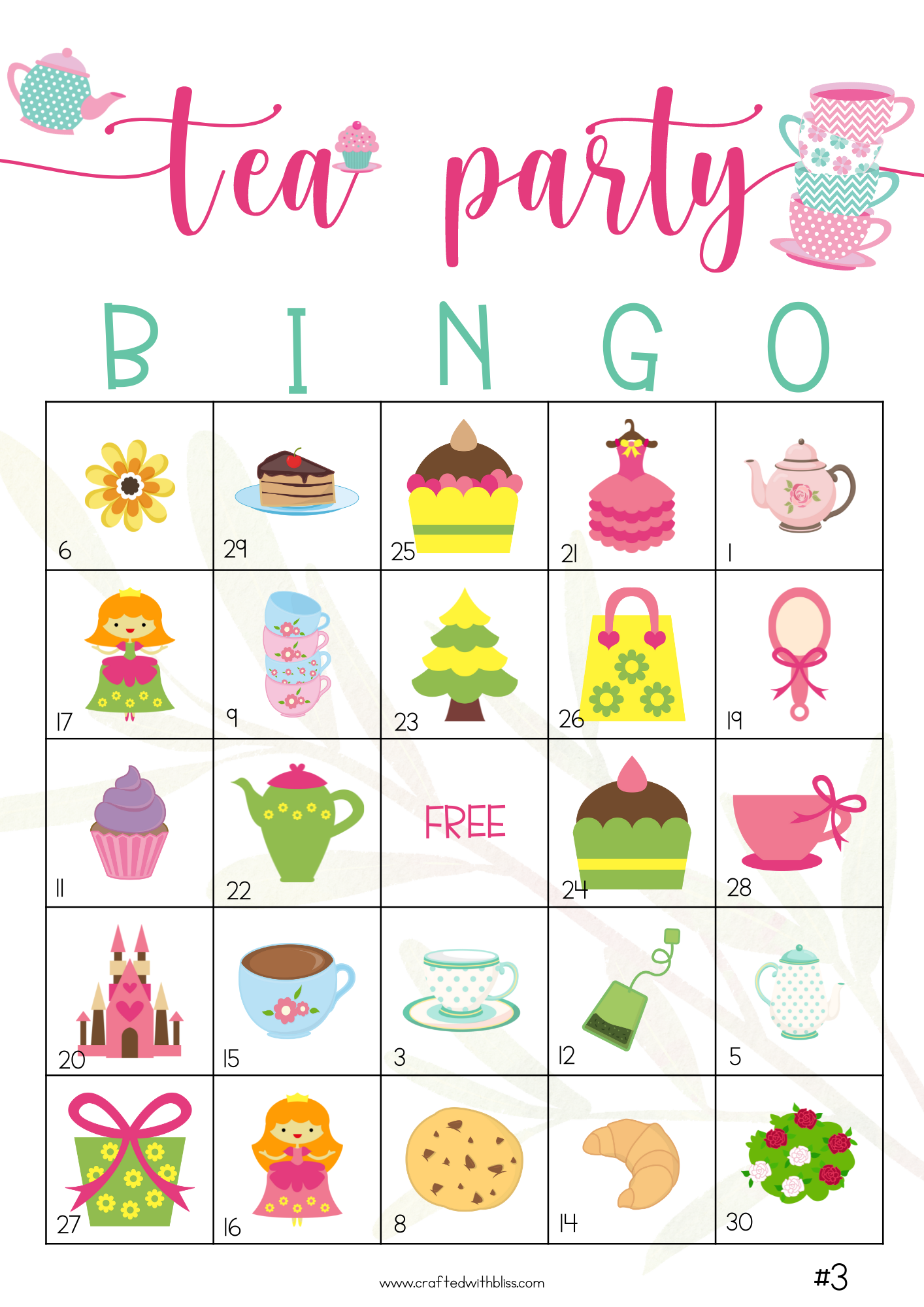 50 Tea Party Bingo Cards (5x5)