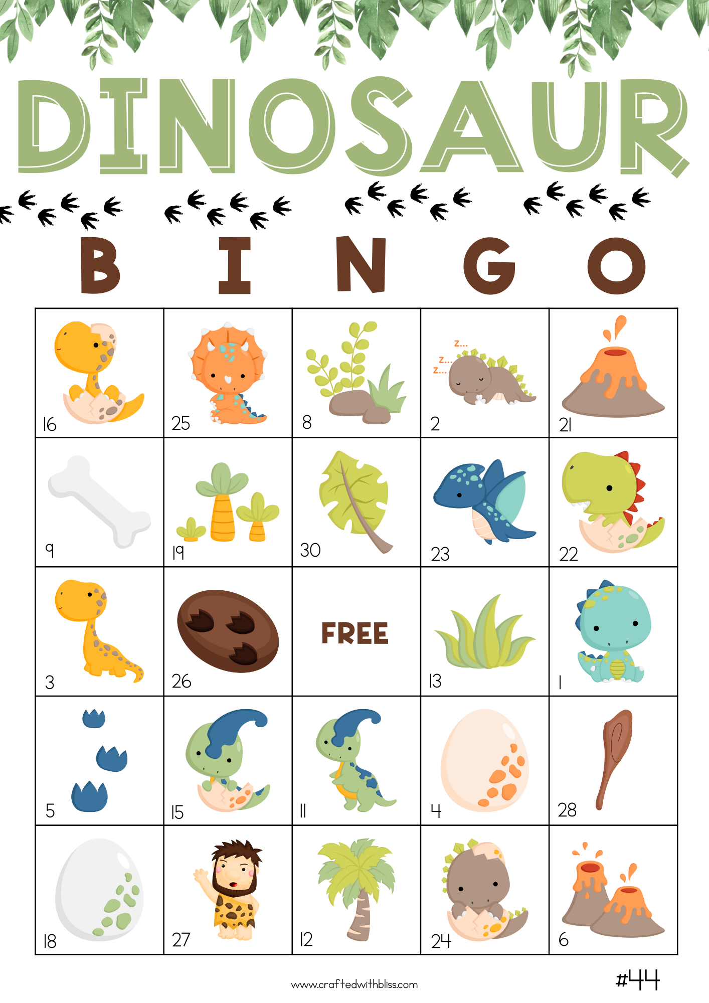 50 Dinosaur Bingo Cards (5x5)