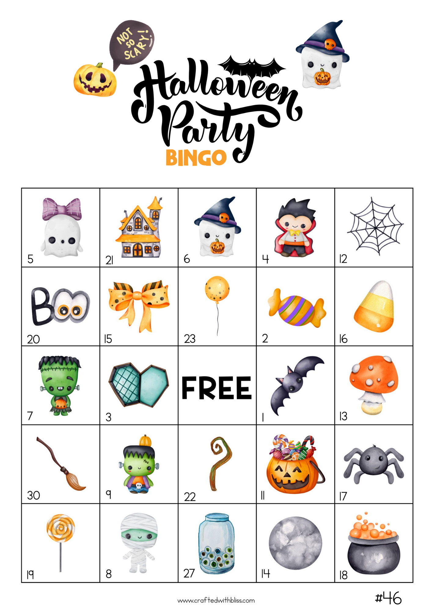 50 Watercolor Halloween Bingo Cards (5x5)