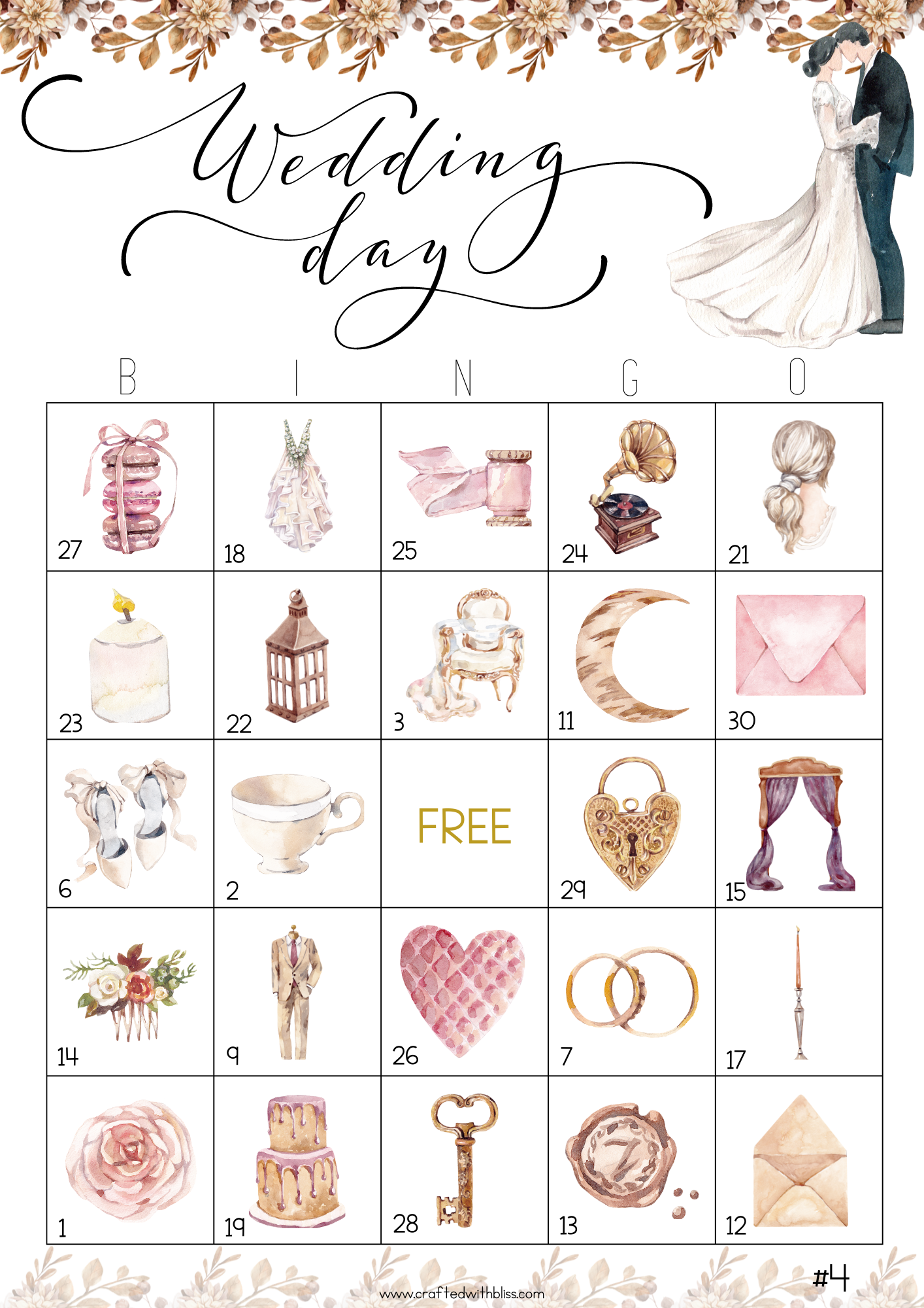 50 Vintage Wedding Bingo Cards (5x5)