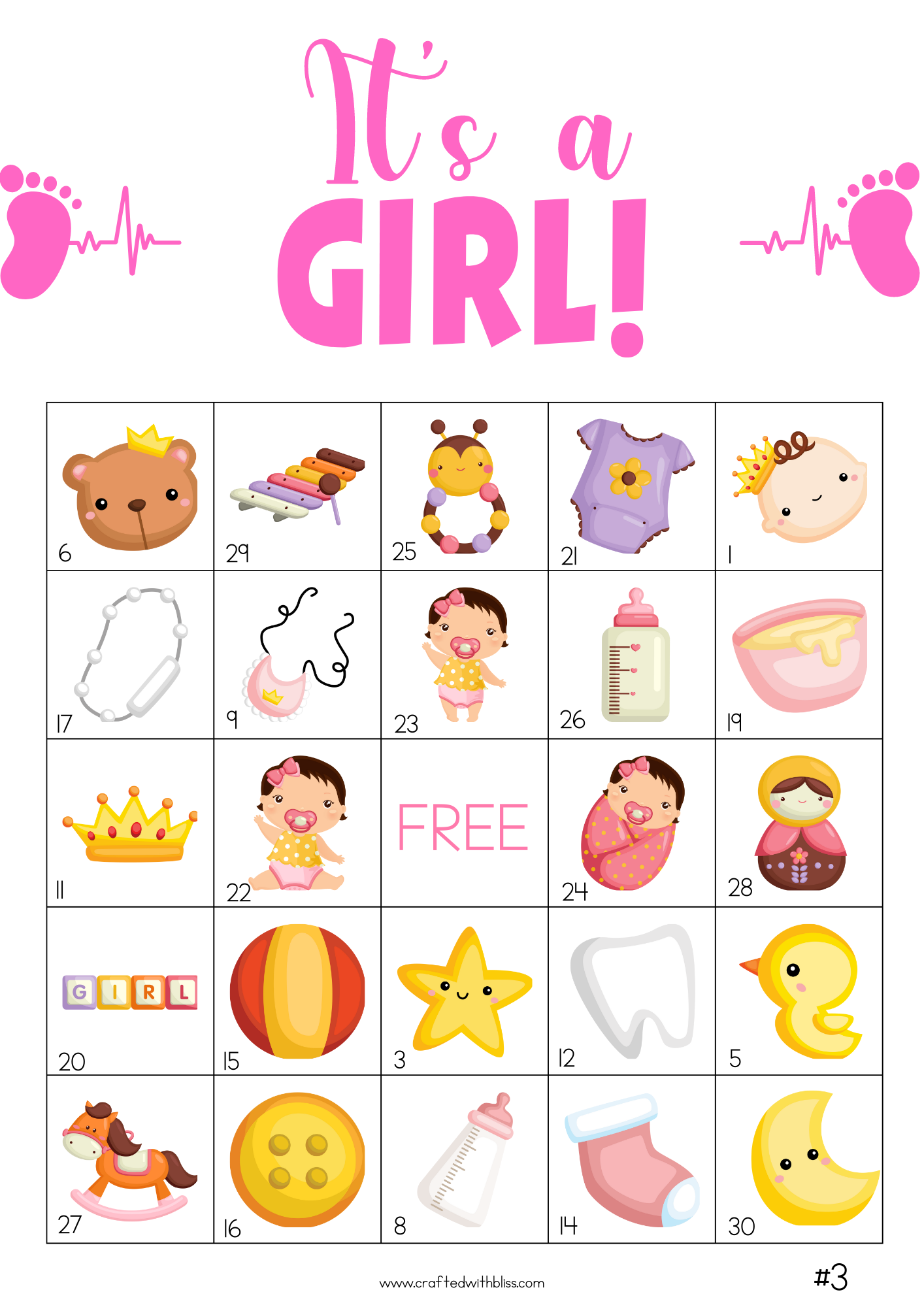 50 It's A Girl Bingo Cards (5x5)
