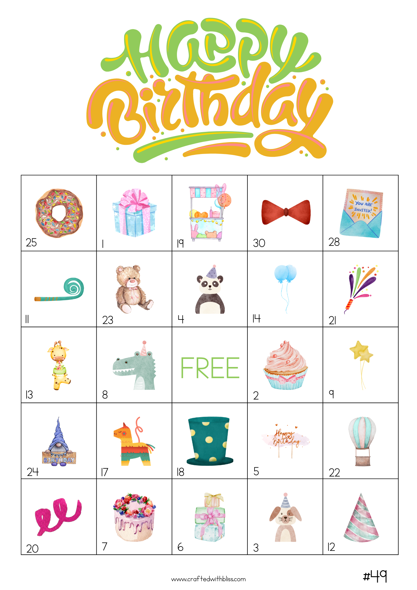 50 Watercolor Birthday Theme Bingo Cards (5x5)