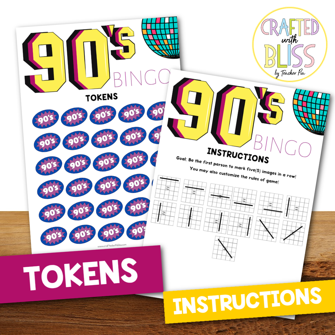 50 90's Theme Bingo Cards (5x5)