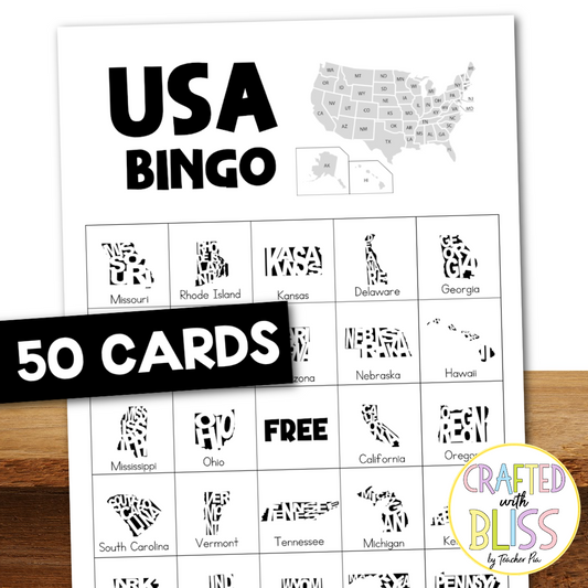 50 USA States Bingo Cards (5x5)