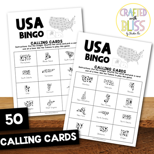 50 USA States Bingo Cards (5x5)