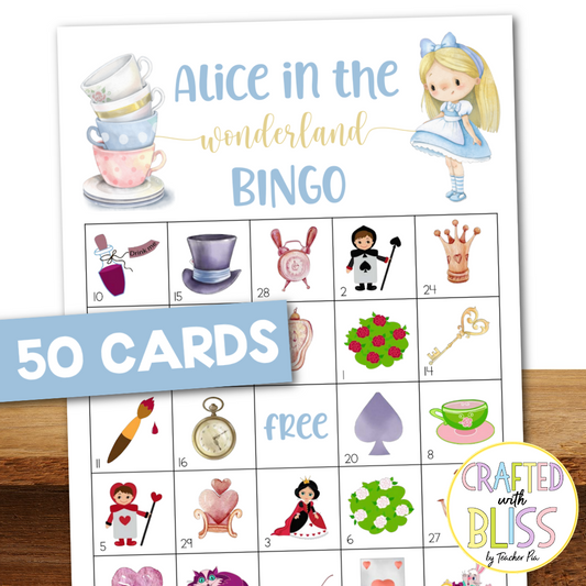 50 Alice in the Wonderland Bingo Cards (5x5)