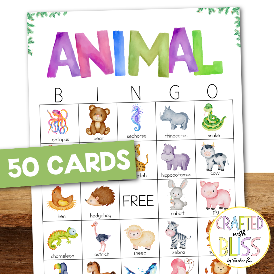 50 Watercolor Animal Bingo Cards (5x5)