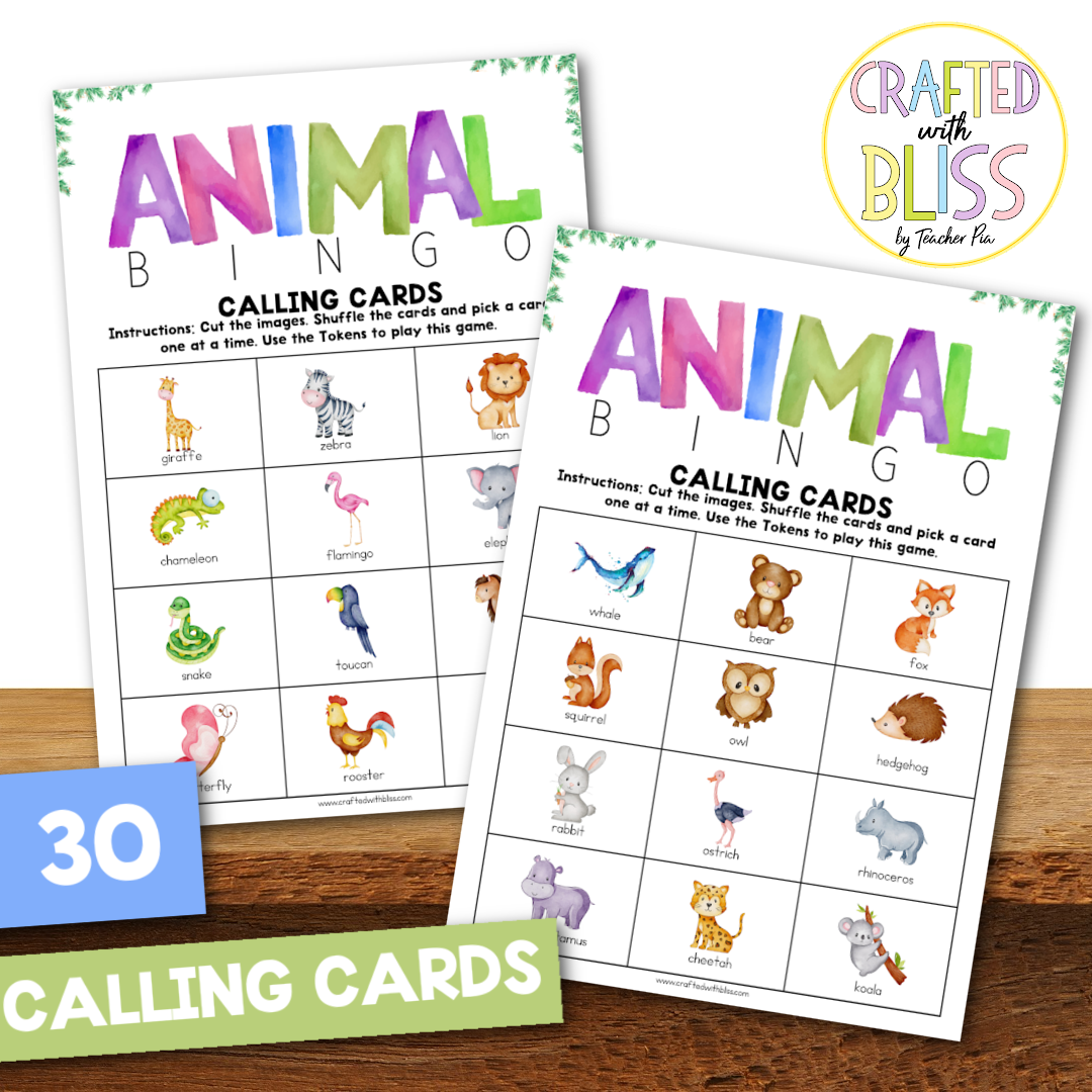 50 Watercolor Animal Bingo Cards (5x5)
