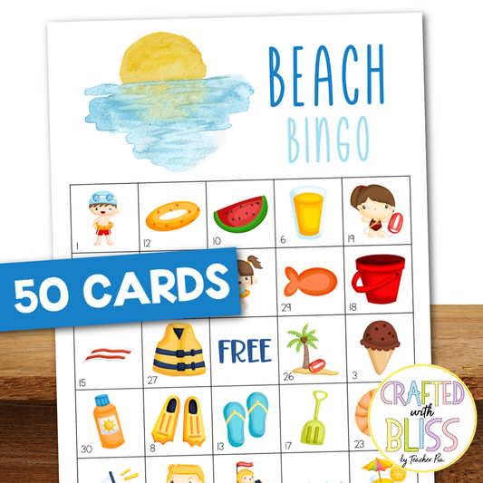 50 Beach Bingo Cards (5x5)