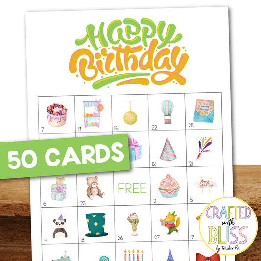 50 Watercolor Birthday Theme Bingo Cards (5x5)