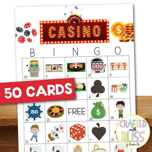 50 Casino Theme Bingo Cards (5x5)