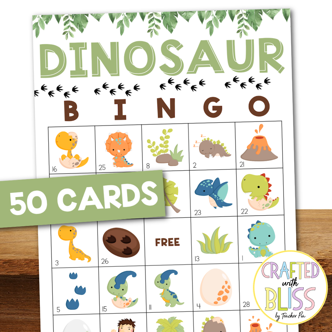 50 Dinosaur Bingo Cards (5x5)