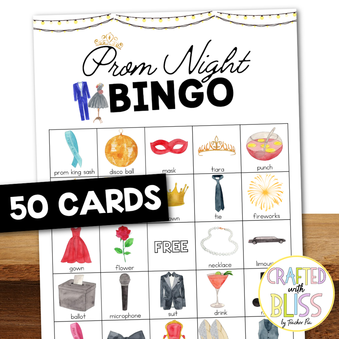 50 Prom Night Party Bingo Cards (5x5)