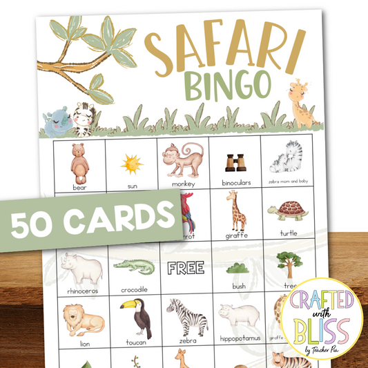 50 Safari Theme Bingo Cards (5x5)