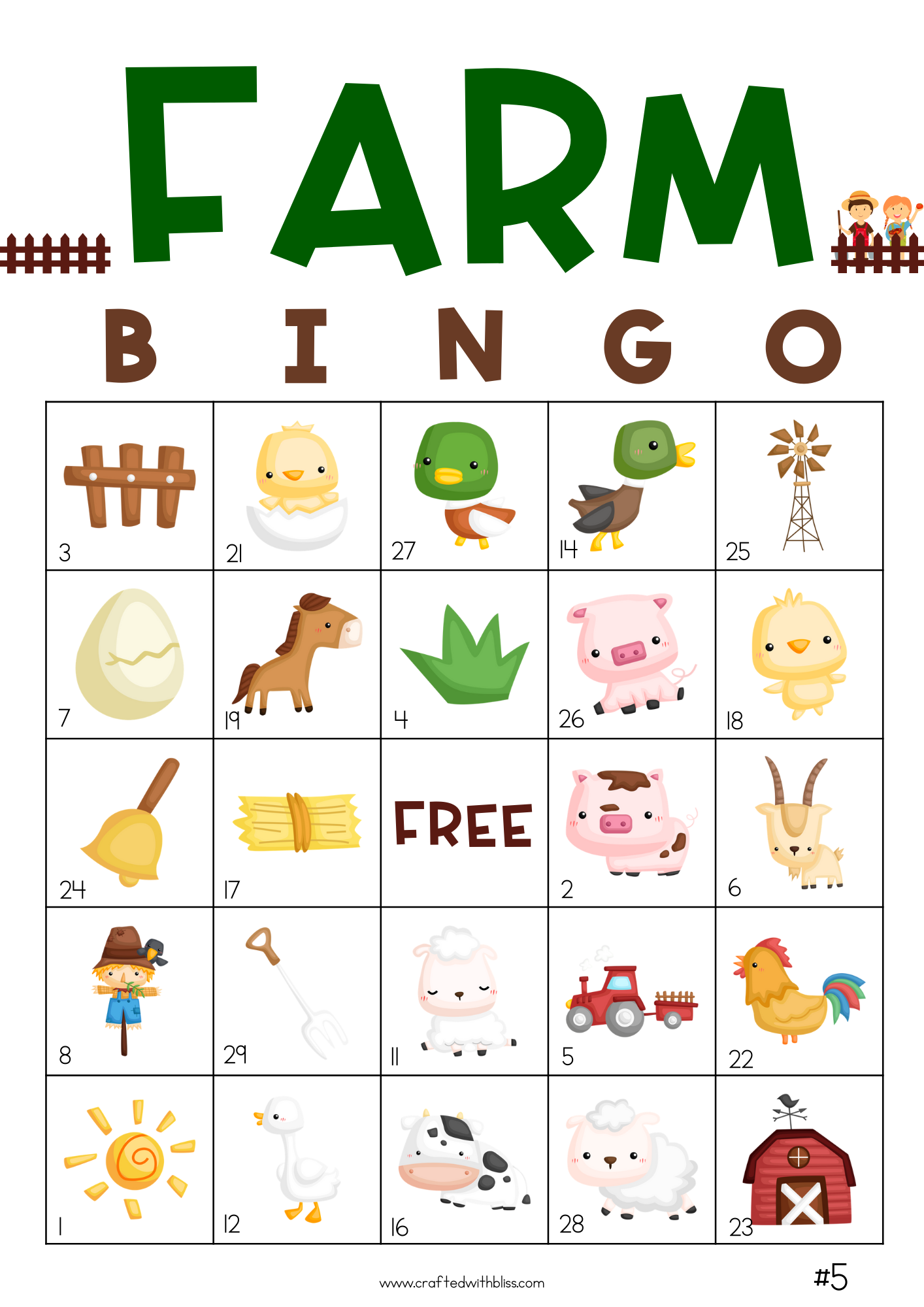 50 Farm Bingo Cards (5x5)