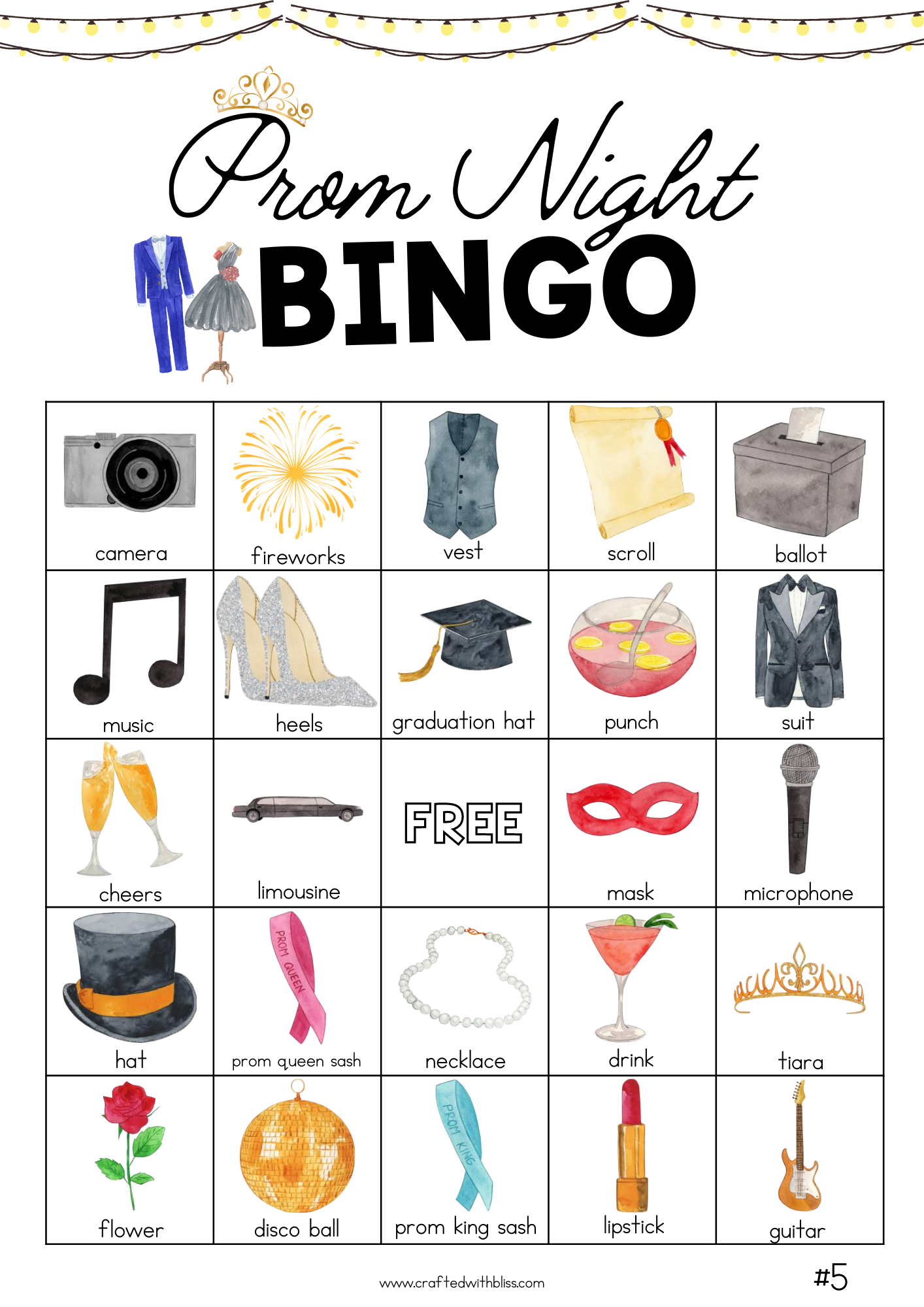 50 Prom Night Party Bingo Cards (5x5)