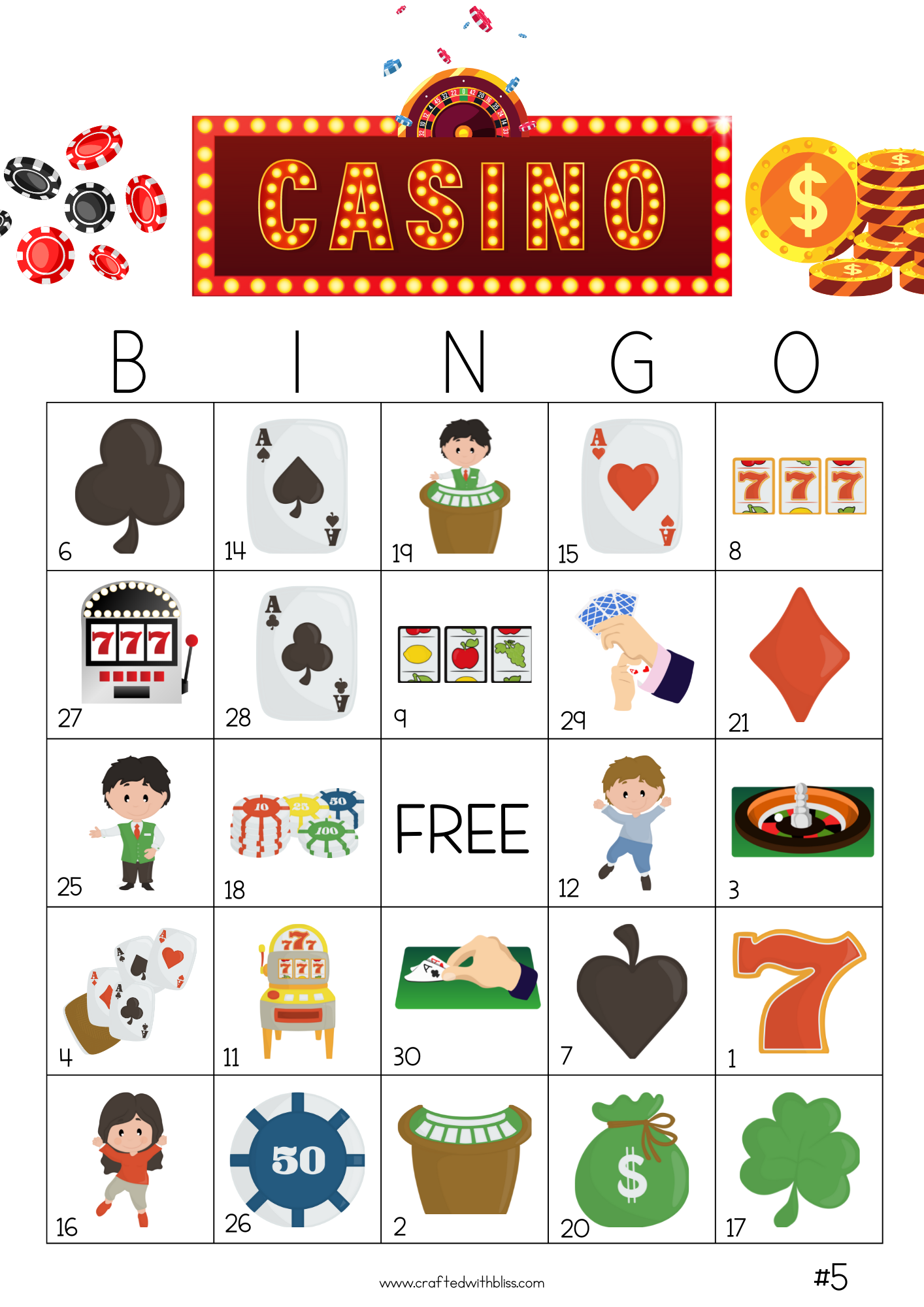 50 Casino Theme Bingo Cards (5x5)
