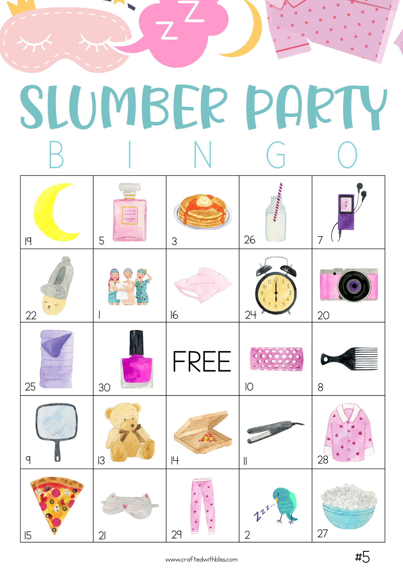 50 Slumber Party Bingo Cards (5x5)