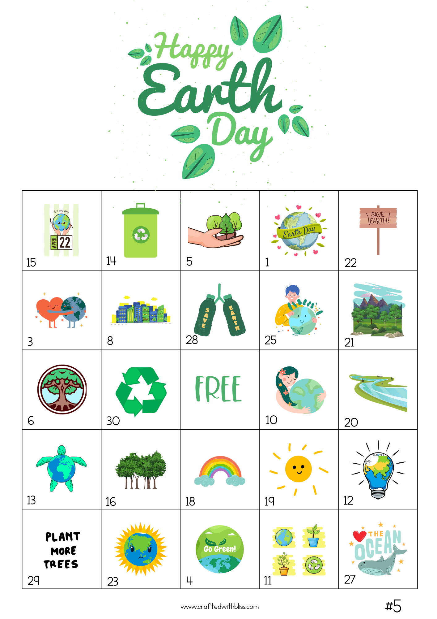 50 Earth Day Bingo Cards (5x5)