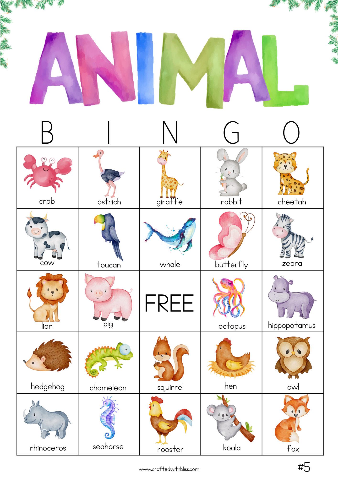 50 Watercolor Animal Bingo Cards (5x5)