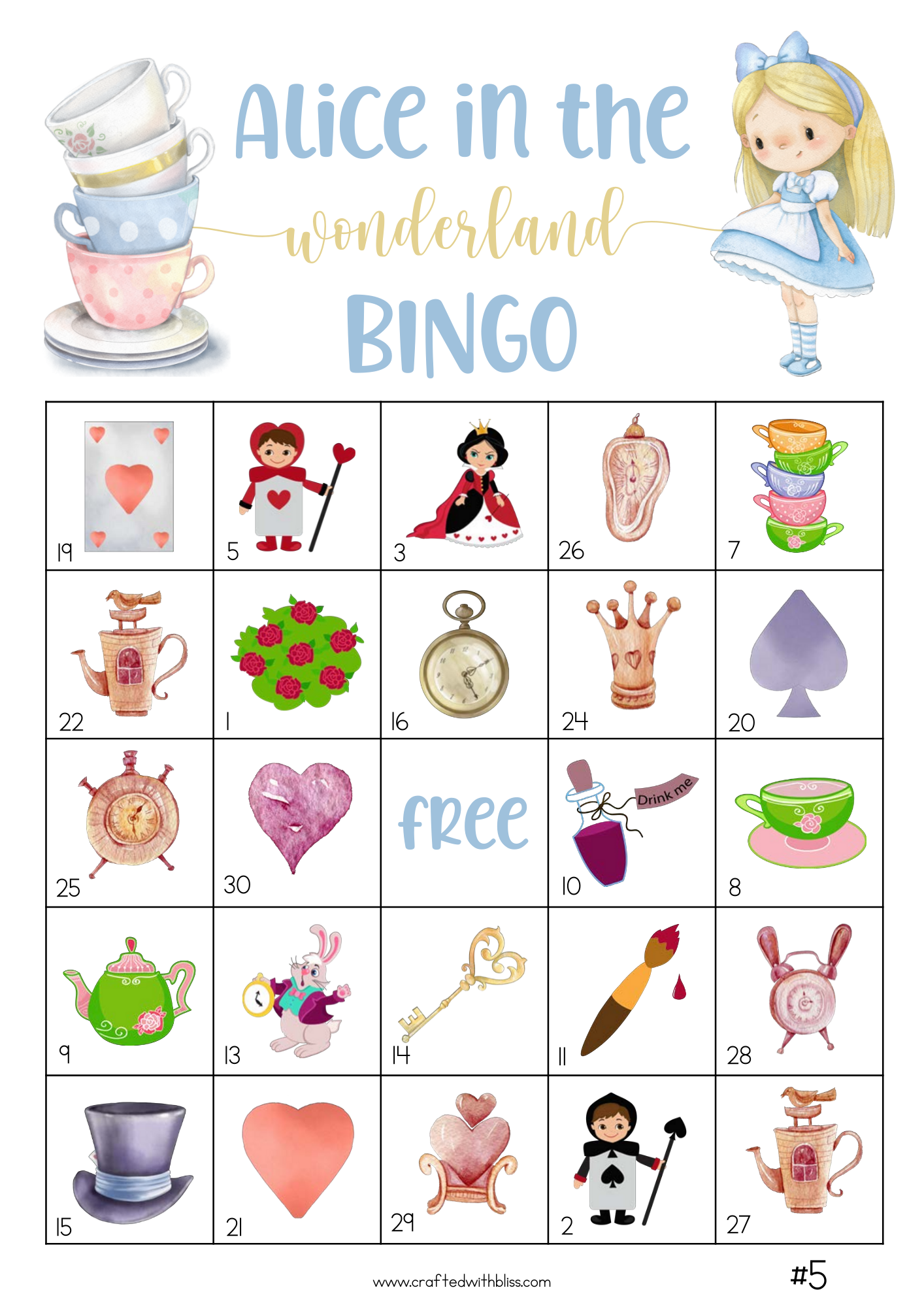 50 Alice in the Wonderland Bingo Cards (5x5)