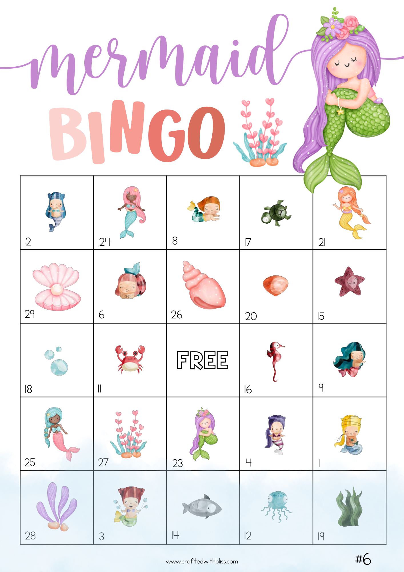 50 Mermaid Bingo Cards (5x5)